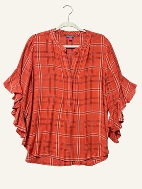 Vince Camuto Plaid Ruffle Sleeve Henley Blouse Size Large Rust Boxy Boho